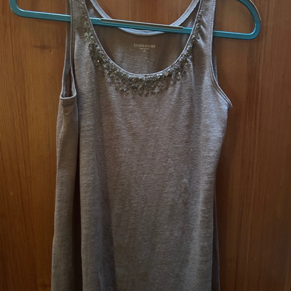 Eileen Fisher gray linen tank top with sequins neckline (XS)